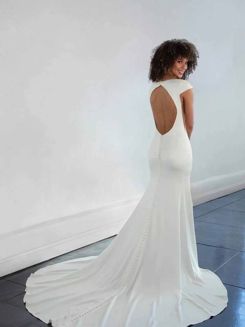 Martina Liana Ivory Satin V-Neck Bridal Gown with Long Train